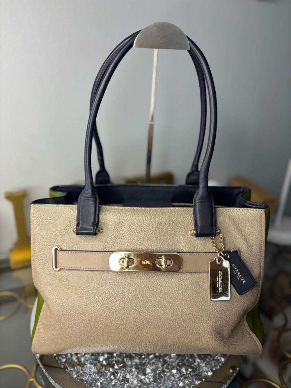 Coach 2015 Swagger Carryall Colorblock Leather Tote Satchel STONE Green Navy EUC
